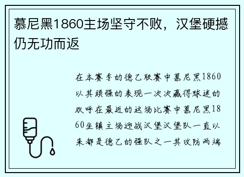 慕尼黑1860主场坚守不败，汉堡硬撼仍无功而返