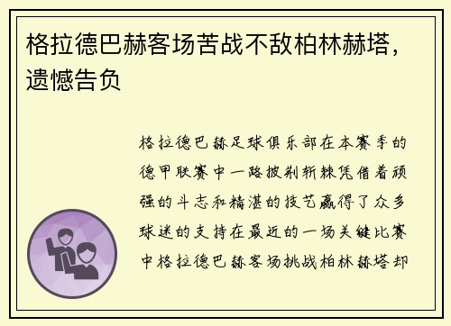 格拉德巴赫客场苦战不敌柏林赫塔，遗憾告负