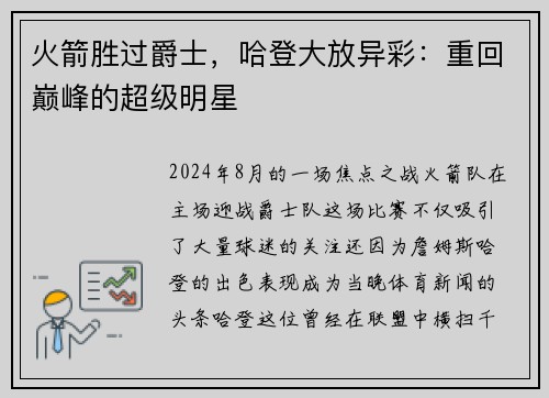 火箭胜过爵士，哈登大放异彩：重回巅峰的超级明星